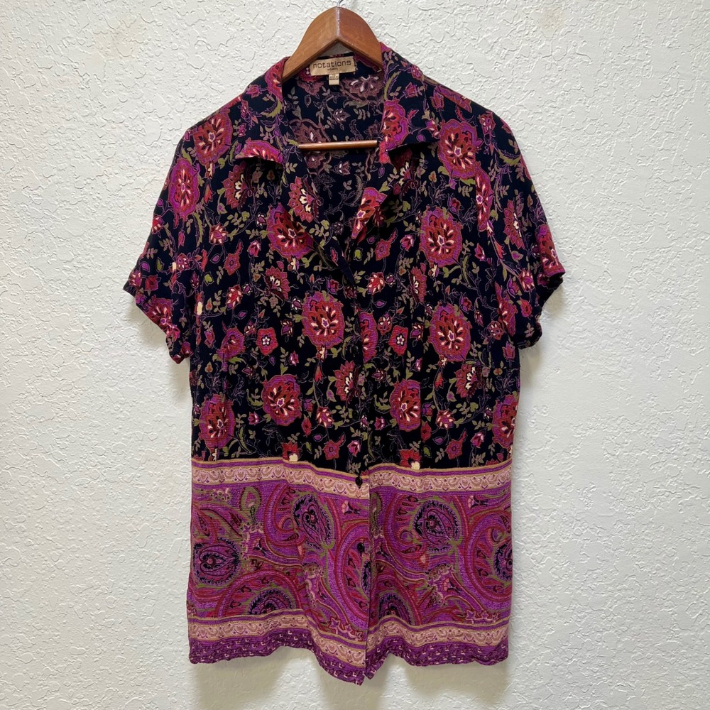 VTG Notations Woman XL Purple Floral Paisley Rayon Button Up Blouse Boho Retro